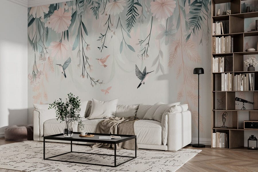 Vogel vliegt over bloemen