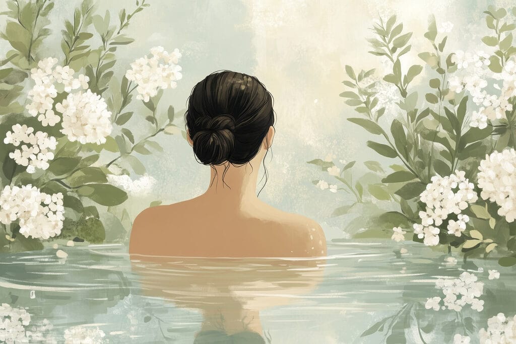 Vrouw in water met bloemen Vrouw in water met bloemen