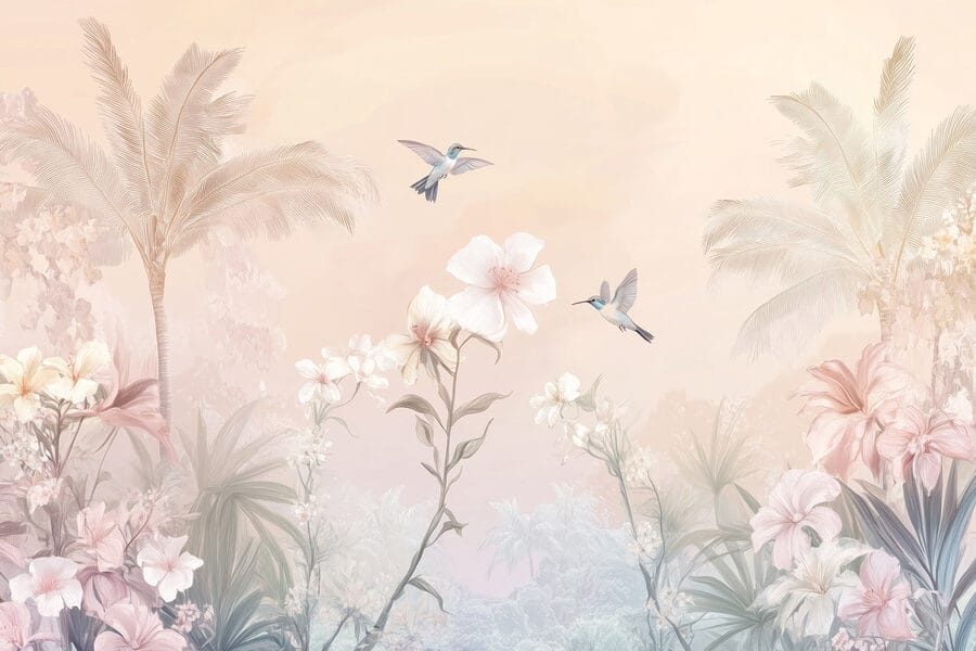 Fotobehang Groep vogels vliegt over bloemen - Afbeelding 5