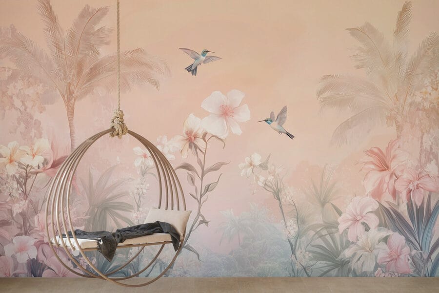 Fotobehang Groep vogels vliegt over bloemen