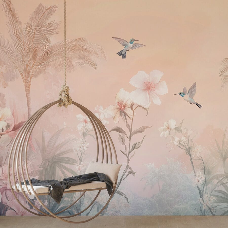 Fotobehang Groep vogels vliegt over bloemen - Afbeelding 2