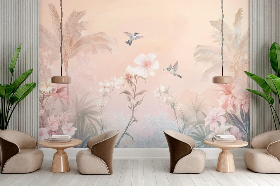 Fotobehang Groep vogels vliegt over bloemen - Afbeelding 4