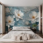 Fotobehang Schilderij van witte bloemen op een blauwe achtergrond