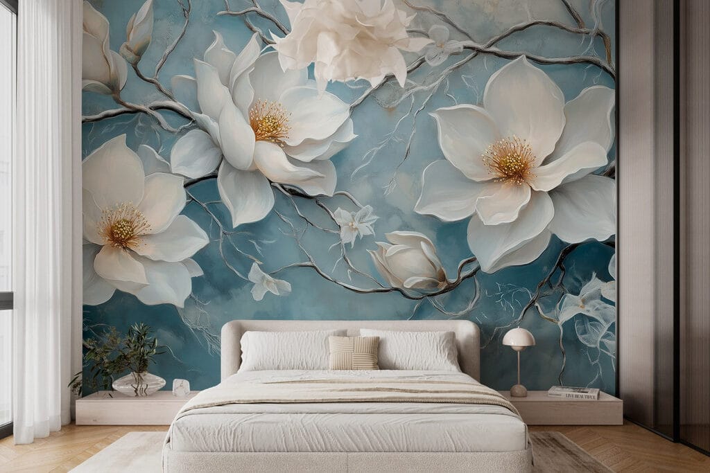 Painting of white flowers on a blue background Painting of white flowers on a blue background