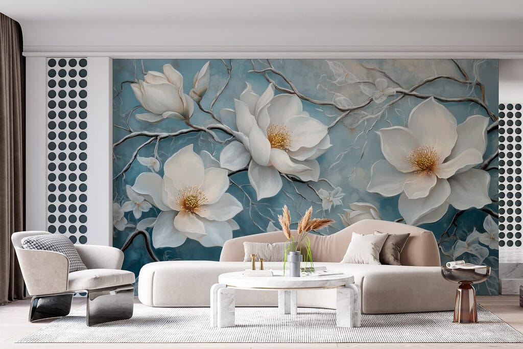 Painting of white flowers on a blue background Painting of white flowers on a blue background