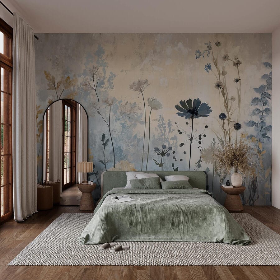 Schilderij van bloemen op een muur