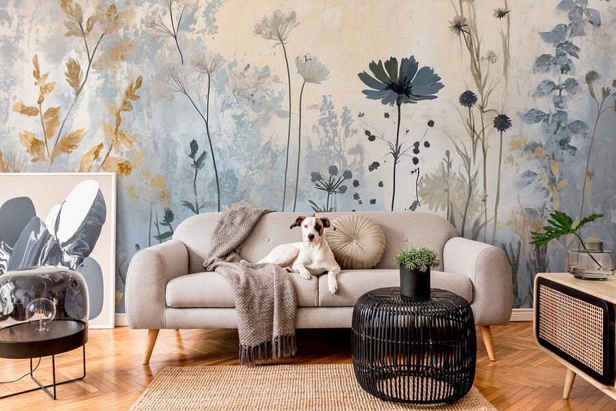 Schilderij van bloemen op een muur