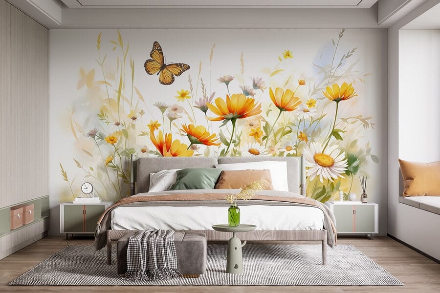 Vlinder vliegt over bloemen