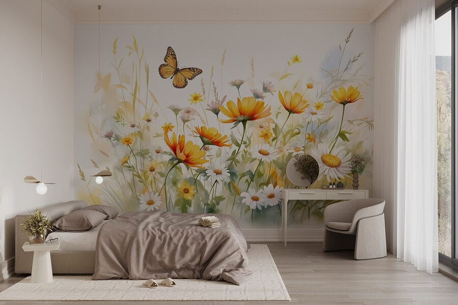 Vlinder vliegt over bloemen