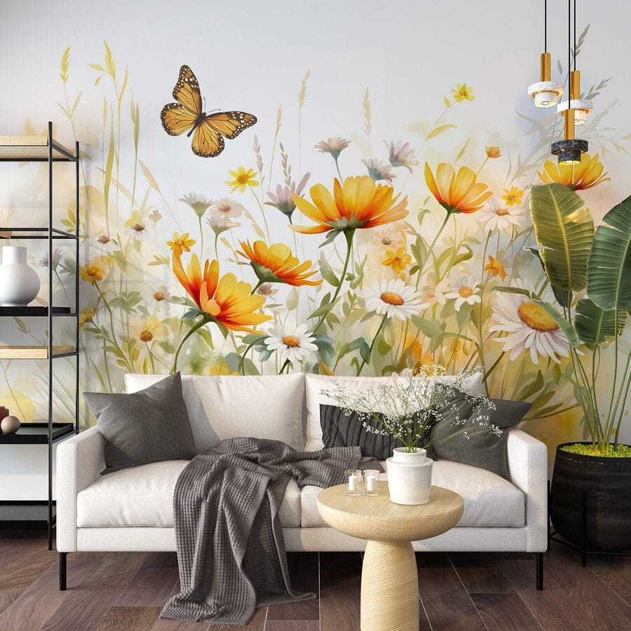 Vlinder vliegt over bloemen