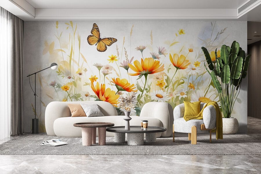 Vlinder vliegt over bloemen