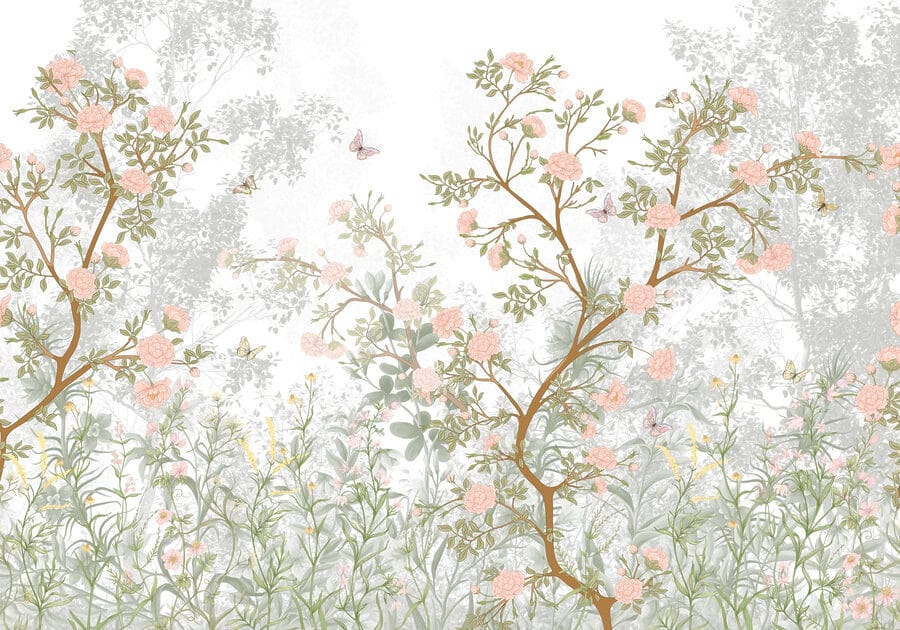 Schilderij van een boom met bloemen en vlinders