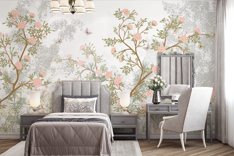 Schilderij van een boom met bloemen en vlinders
