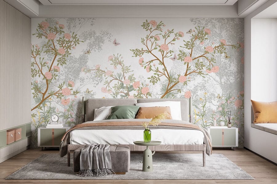 Schilderij van een boom met bloemen en vlinders