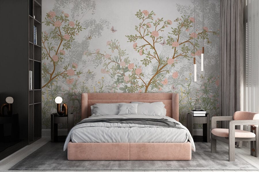 Schilderij van een boom met bloemen en vlinders