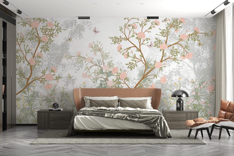 Schilderij van een boom met bloemen en vlinders