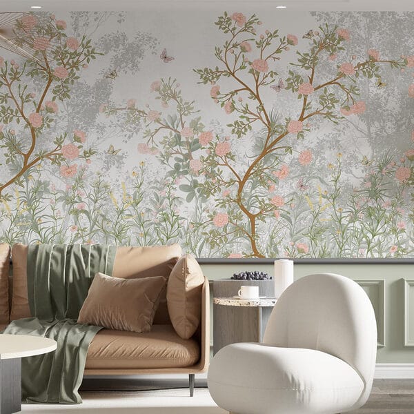 Schilderij van een boom met bloemen en vlinders Schilderij van een boom met bloemen en vlinders