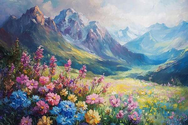 Schilderij van bloemen in een veld met bergen op de achtergrond Schilderij van bloemen in een veld met bergen op de achtergrond