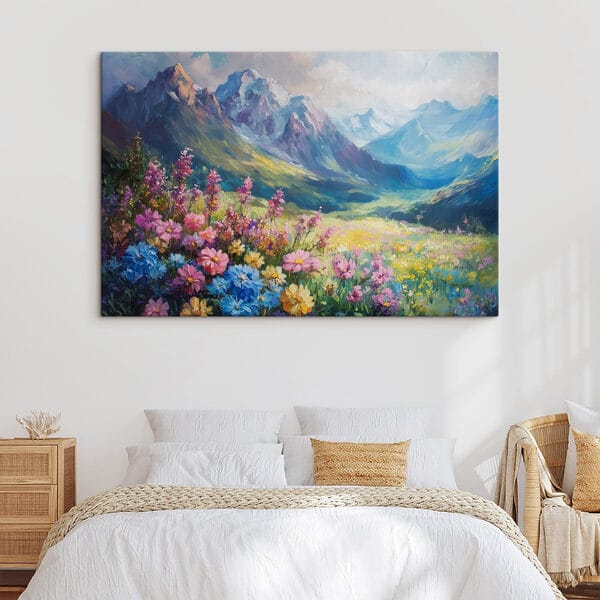 Schilderij van bloemen in een veld met bergen op de achtergrond Schilderij van bloemen in een veld met bergen op de achtergrond