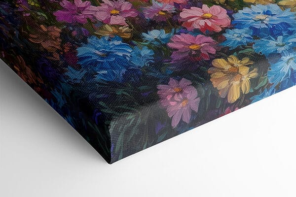 Schilderij van bloemen in een veld met bergen op de achtergrond Schilderij van bloemen in een veld met bergen op de achtergrond