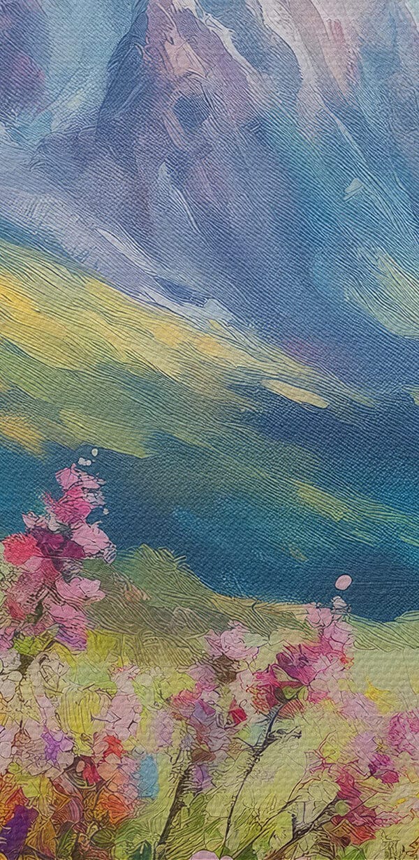 Schilderij van bloemen in een veld met bergen op de achtergrond Schilderij van bloemen in een veld met bergen op de achtergrond
