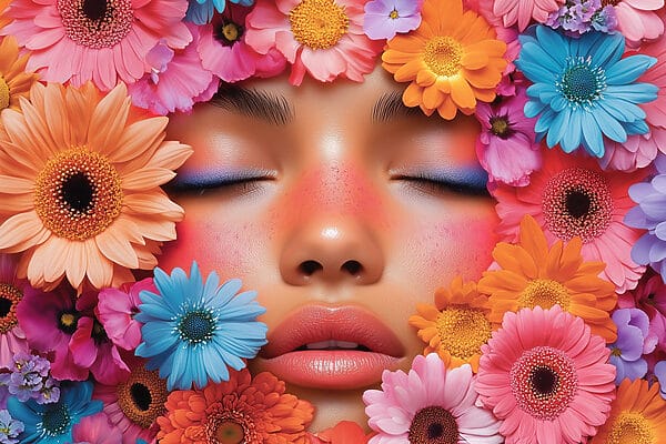 Vrouw met bloemen rond haar gezicht Vrouw met bloemen rond haar gezicht