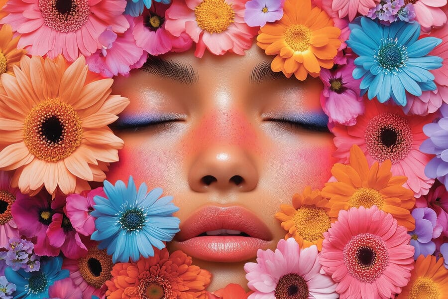 Vrouw met bloemen rond haar gezicht