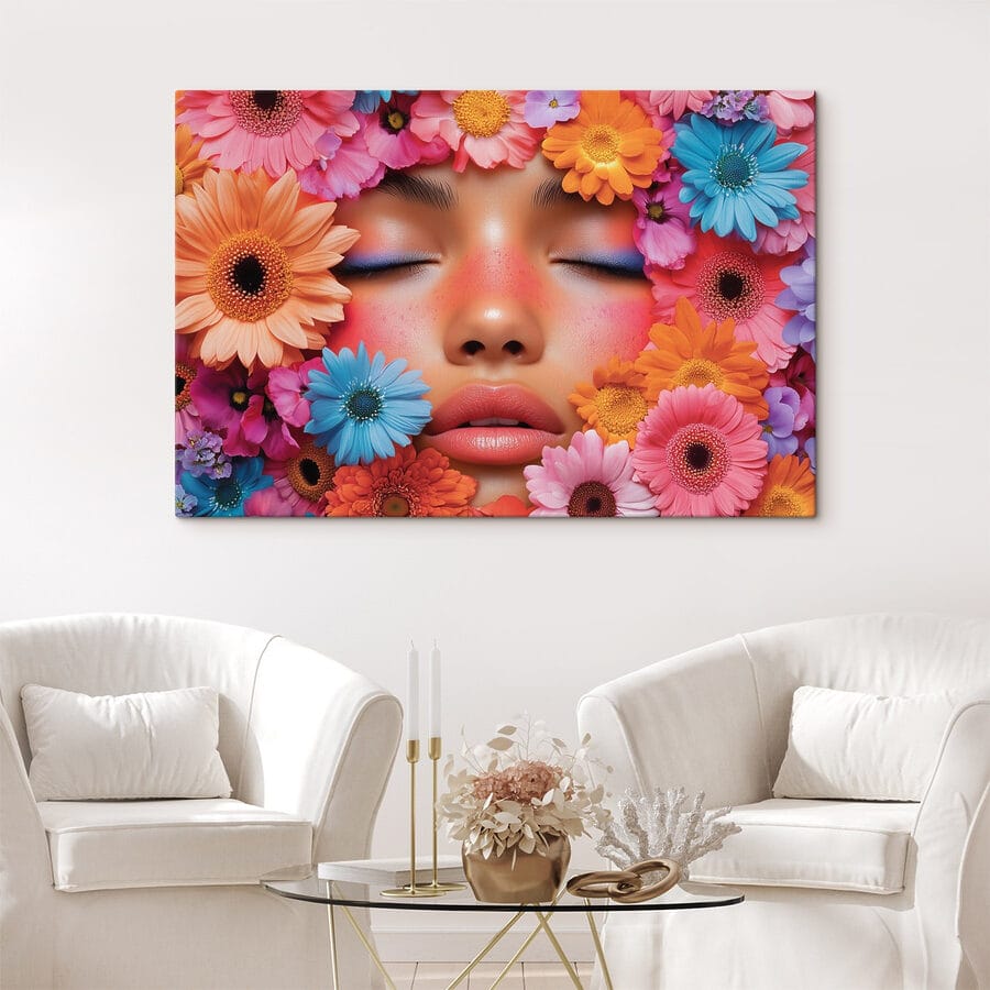 Vrouw met bloemen rond haar gezicht
