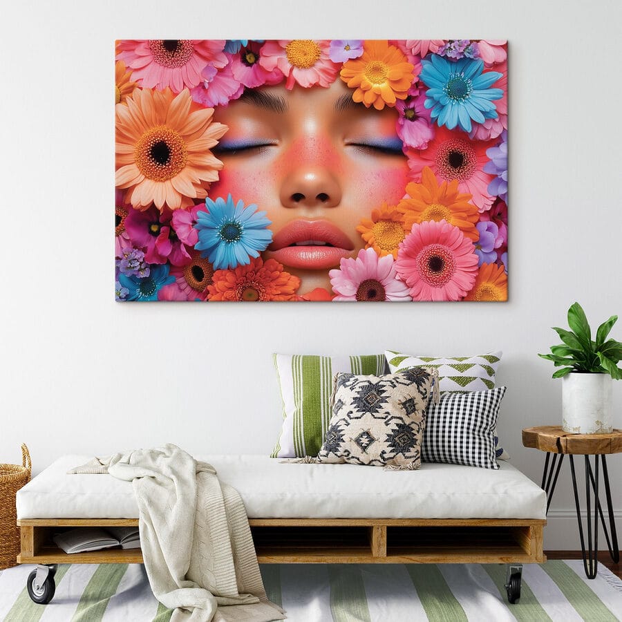 Vrouw met bloemen rond haar gezicht