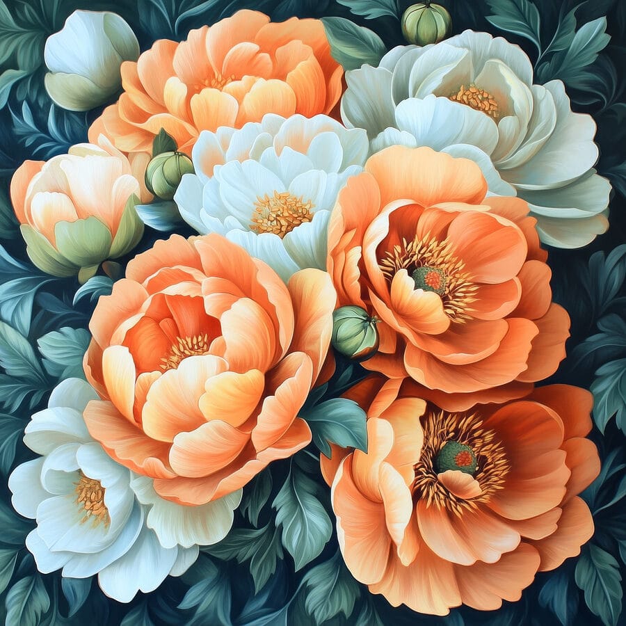 Schilderij van bloemen op een blauwe achtergrond Schilderij van bloemen op een blauwe achtergrond
