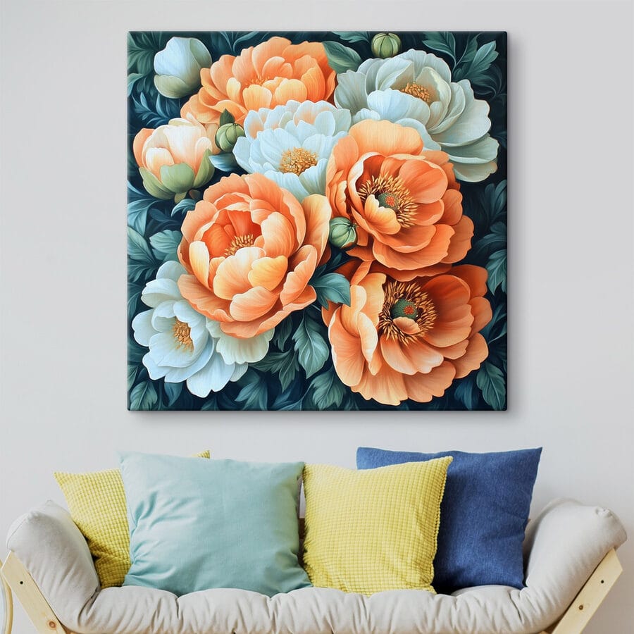 Schilderij van bloemen op een blauwe achtergrond Schilderij van bloemen op een blauwe achtergrond