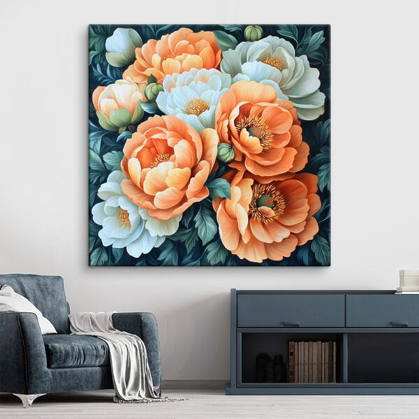 Schilderij van bloemen op een blauwe achtergrond Schilderij van bloemen op een blauwe achtergrond