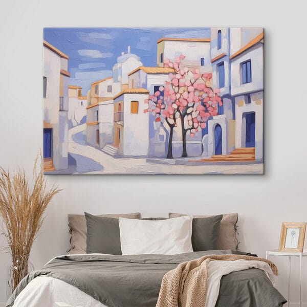 Schilderij van een boom voor een gebouw Schilderij van een boom voor een gebouw