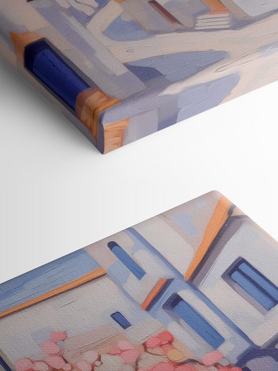 Schilderij van een boom voor een gebouw Schilderij van een boom voor een gebouw