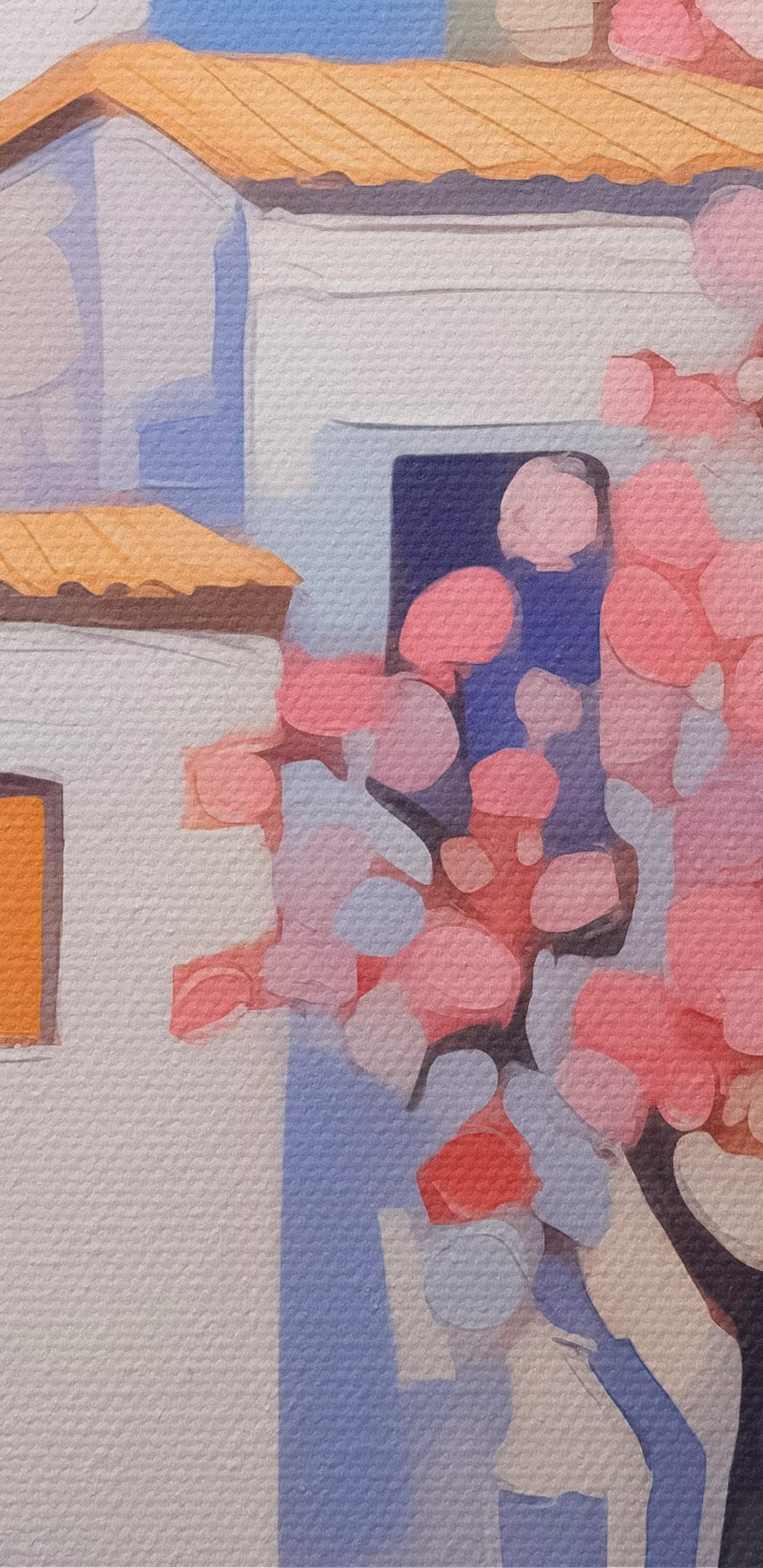 Schilderij van een boom voor een gebouw Schilderij van een boom voor een gebouw