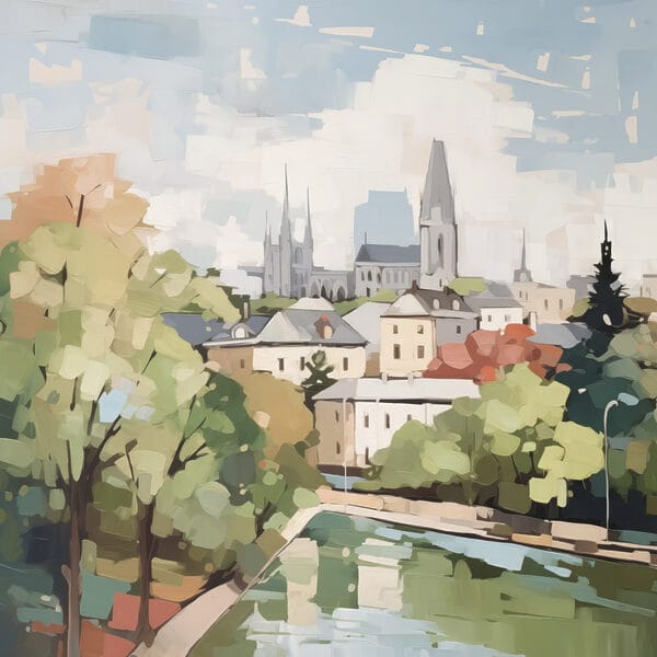 Schilderij van een stad met bomen en een rivier Schilderij van een stad met bomen en een rivier