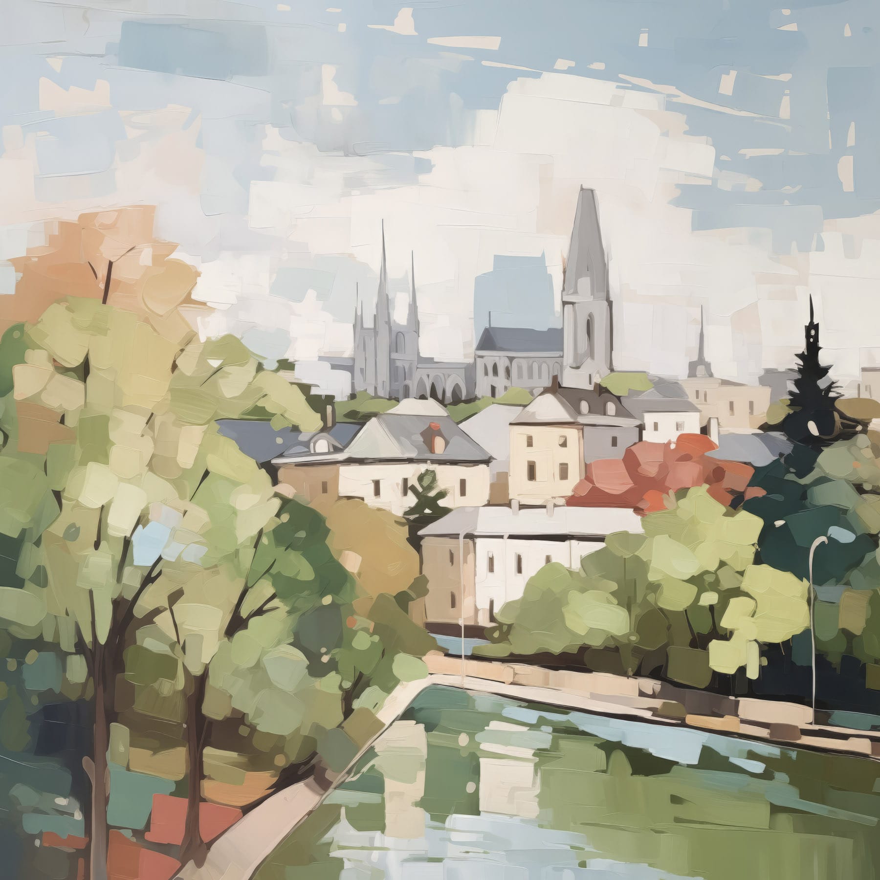 Painting of a city with trees and a river