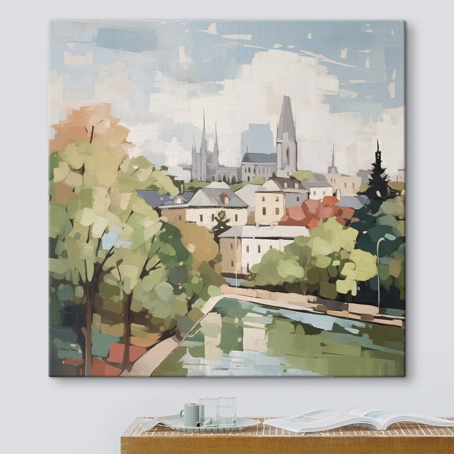Schilderij van een stad met bomen en een rivier