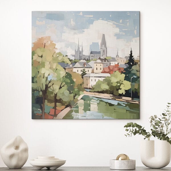 Schilderij van een stad met bomen en een rivier Schilderij van een stad met bomen en een rivier
