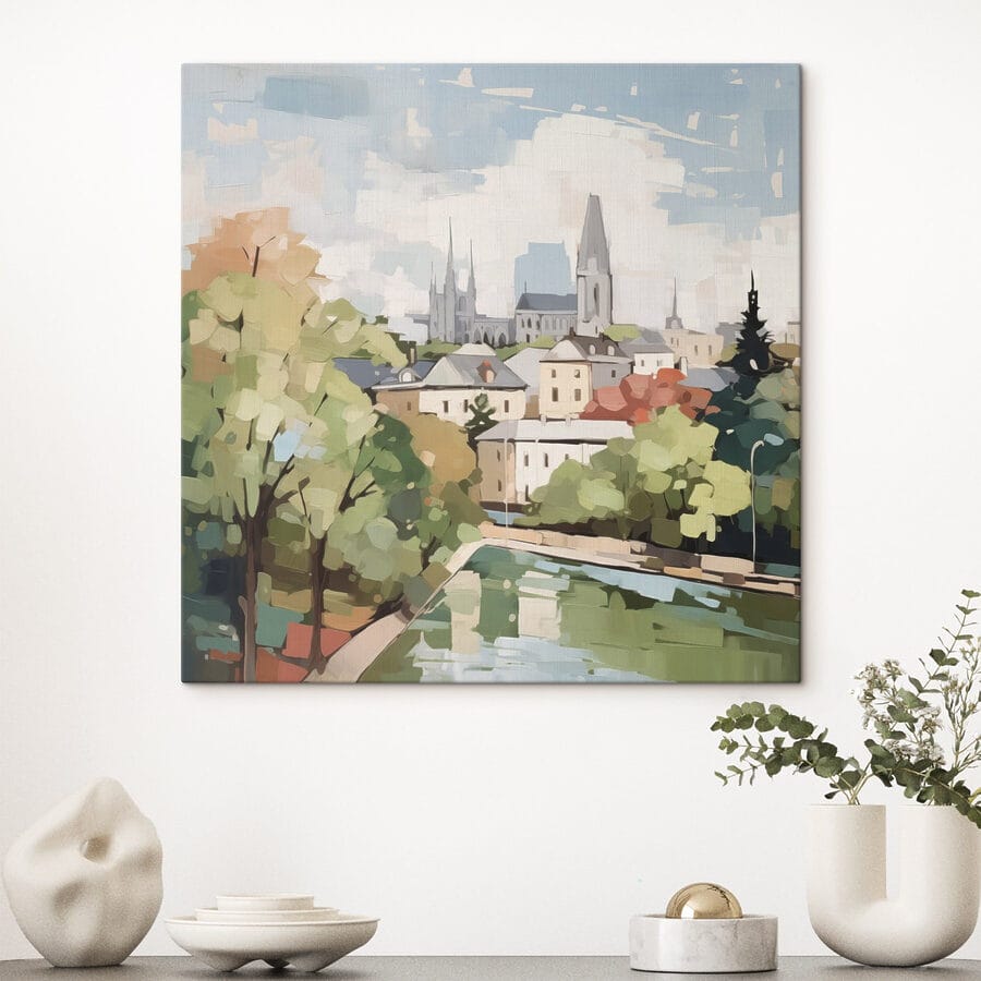 Schilderij van een stad met bomen en een rivier