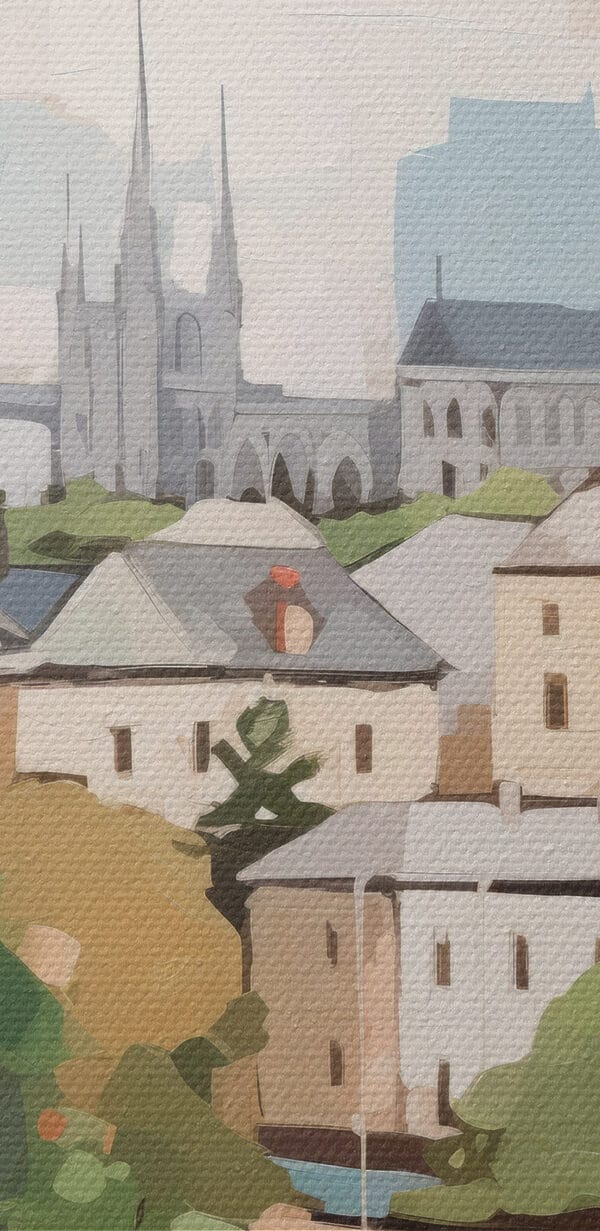 Schilderij van een stad met bomen en een rivier Schilderij van een stad met bomen en een rivier