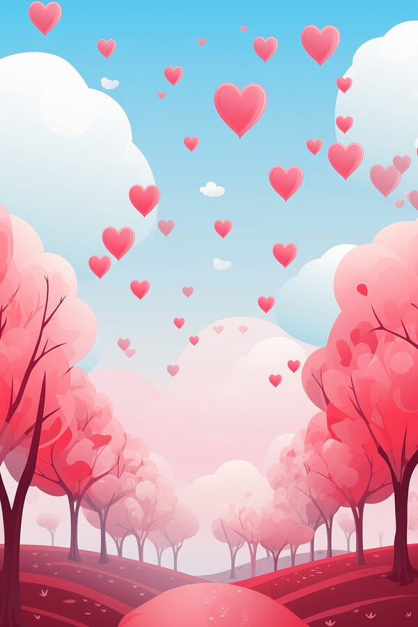Roze bomen met vliegende harten Roze bomen met vliegende harten