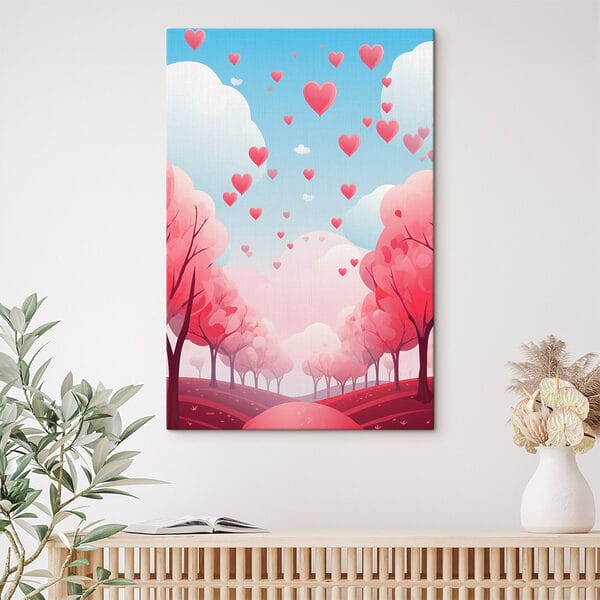 Roze bomen met vliegende harten Roze bomen met vliegende harten