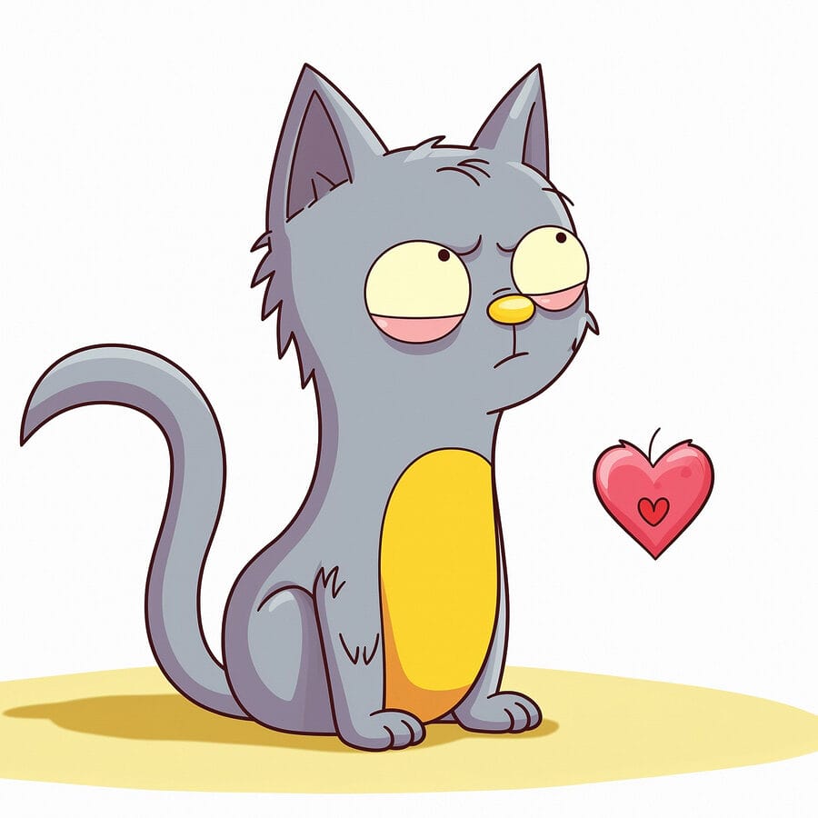 Cartoon van een kat die naar een hart kijkt