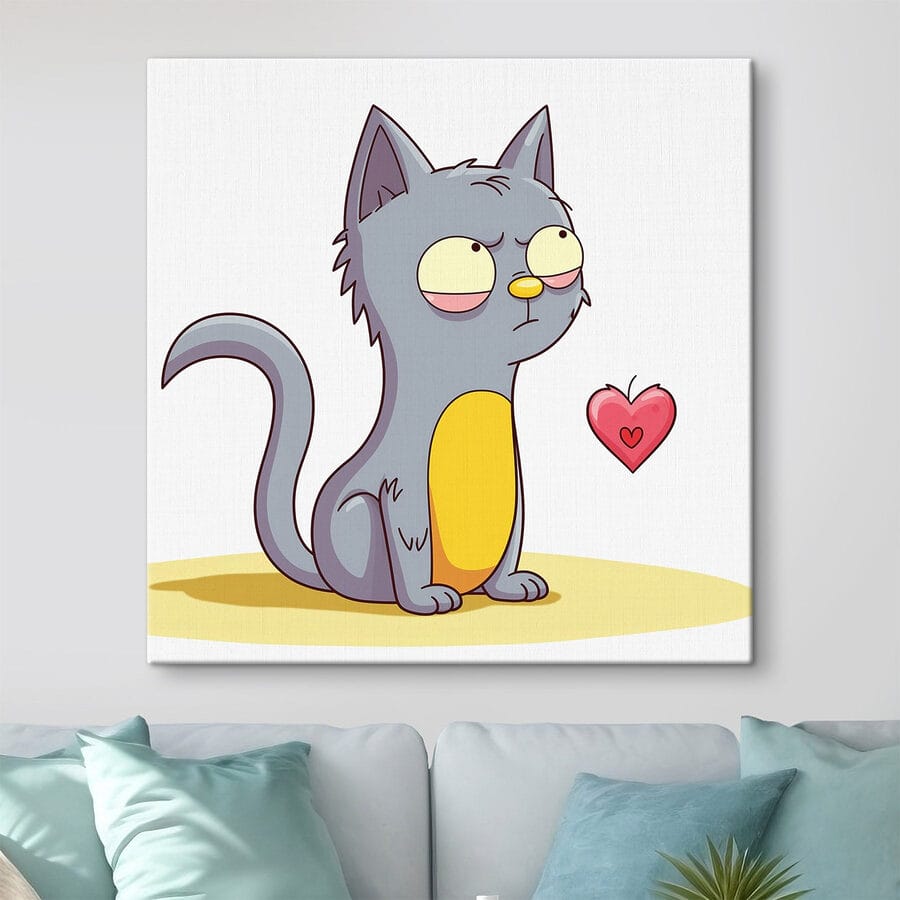 Cartoon van een kat die naar een hart kijkt