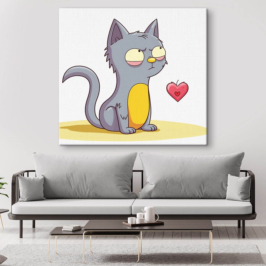Cartoon van een kat die naar een hart kijkt