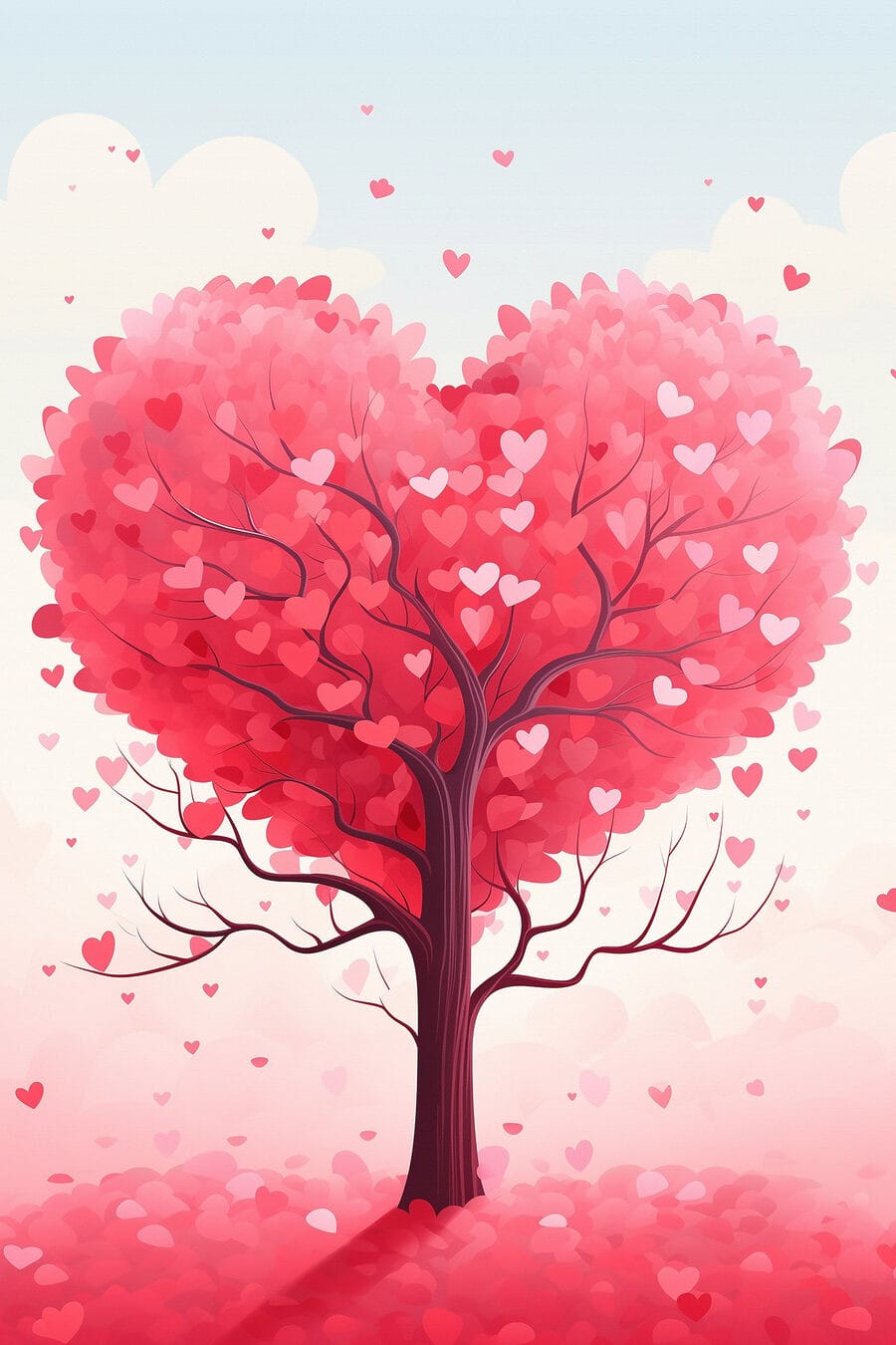 Boom met roze bladeren en hartjes