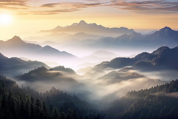Landschap van bergen met mist en bomen Landschap van bergen met mist en bomen