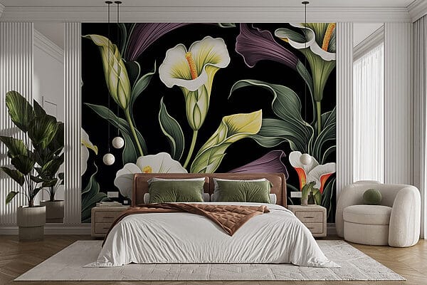 Levendige bloemen tegen donkere achtergrond Fotobehang Levendige bloemen tegen donkere achtergrond