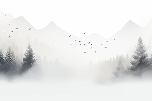 Vogels vliegen over een mistig bos Vogels vliegen over een mistig bos